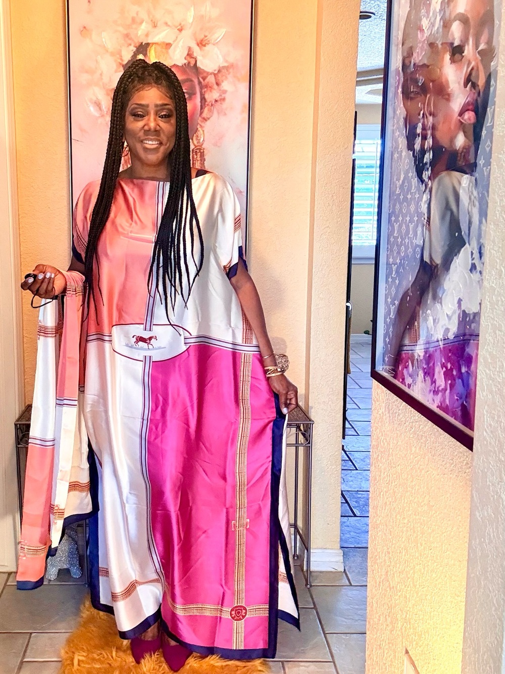 Silk-Feel Pink & Cream Maxi Dress